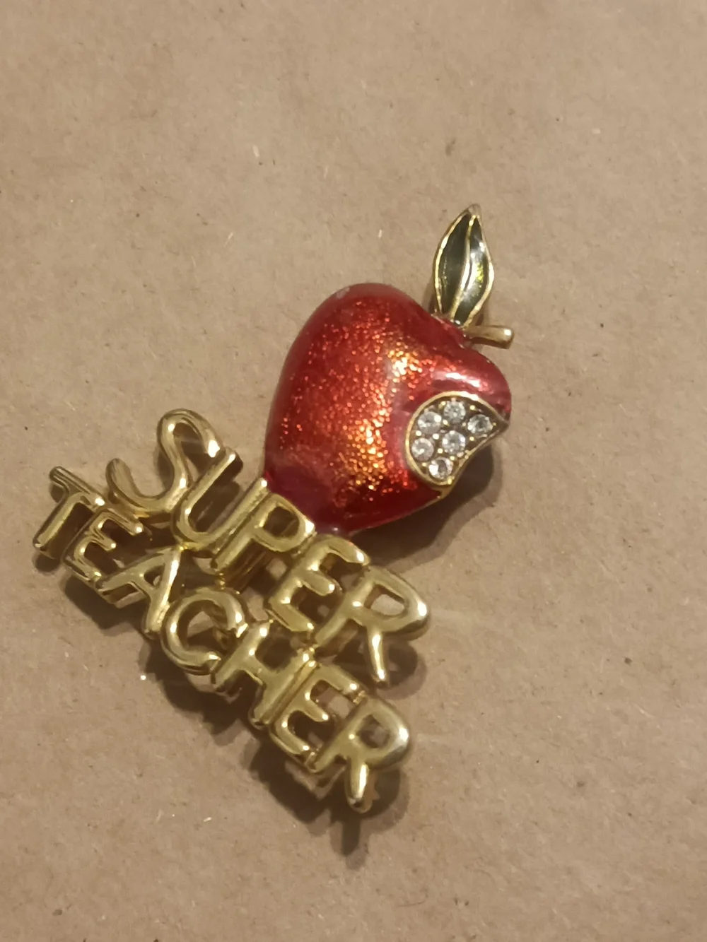 Gold-Tone 'Super Teacher' Red Apple Pin Brooch